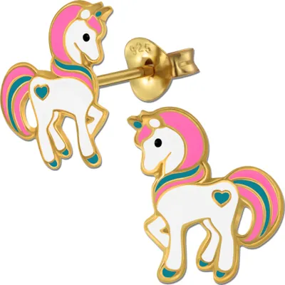 Produktbild von Mädchen Ohrringe 925 echt Silber Einhorn Pferde Herz Gold goldene 925er Ohrstecker für Kinder K641