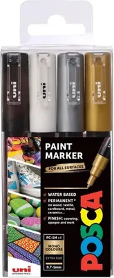 A package of four POSCA paint markers in black, white, silver, and gold.