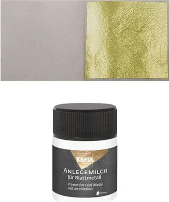 A collage showing gold leaf and a bottle of primer.