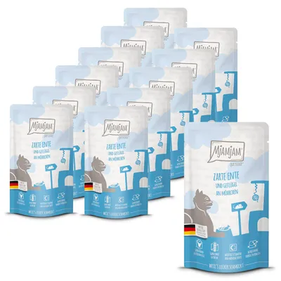 Produktbild von MjAMjAM Quetschie zarte Ente & Geflügel an leckeren Möhrchen, Adult, jede Rasse, Ente, Geflügel, 125 g, Getreidefrei