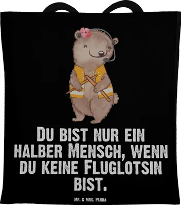 Produktbild von Mr. & Mrs. Panda Tote Bag Fluglotsin Herz - Schwarz - Geschenk, Laptoptasche, Lustig, Jutebeutel, Shopping Tasche, Ausbildung, einkaufsshopper, festivaltasche, Witzig