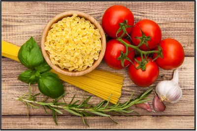 Produktbild von Wallario Wandbild Spaghetti mit Tomaten, Knoblauch und Basilikum, Größe: 61 x 91,50 cm, Poster mit schwarzem Aluminiumrahmen