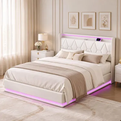 Imagen del producto de INONEFT, Base de cama con somier, cama doble de 140x200 cm, cama tapizada con LED y USB, cama hidráulica con espacio de almacenamiento, somier y cabecero, terciopelo, blanco