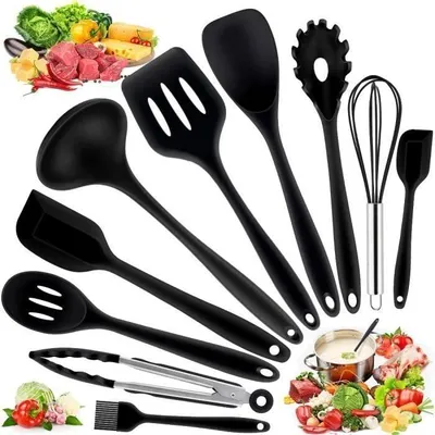 Produktbild von Küchenutensilien - Silikon - 10-teilig - BPA-frei - Antihaftbeschichtung - Schwarz - Hitzebeständig