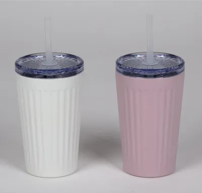 Produktbild von Isolierbecher 450ml mit Trinkhalm Edelstahl | Thermobecher in verschiedenen Farben | Hält Getränke lange heiß oder kalt