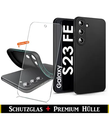 A black smartphone case and screen protector are displayed.