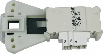 A white washing machine door lock mechanism with a white background.
