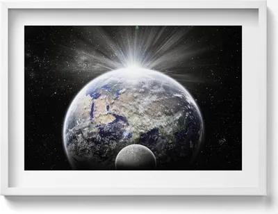 Produktbild von Blick auf die Erde und den Mond– Wandbild mit Rahmen – Gerahmtes Bild  – Wanddekoration – 70x50 cm –  Weiß Rahmen