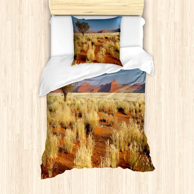 Produktbild von ABAKUHAUS Landschaft Mantele, Südafrika Wüste, Milbensicher Allergiker geeignet mit Kissenbezügen, 135 cm x 200 cm - 80 x 80 cm, Sky Blue Marigold