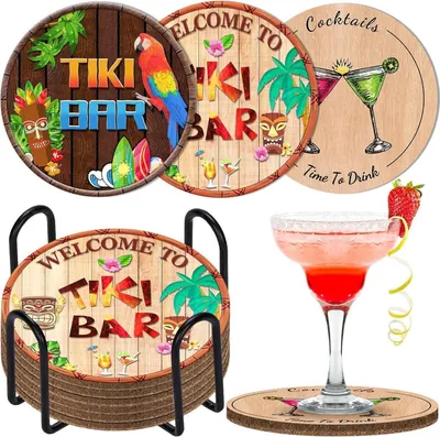 Produktbild von 6er Set Getränkeuntersetzer mit Korkboden und Halterung, lustige Tiki-Bar-Designs