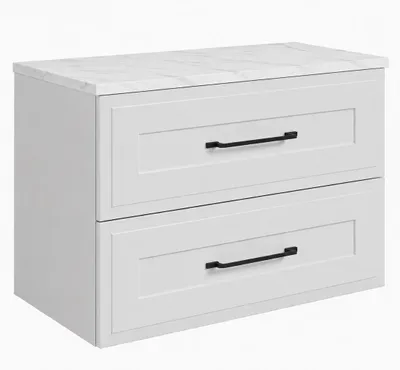Immagine prodotto di Mobile bagno sospeso, 80 cm, con cassetti, struttura bianca e piano in marmo bianco, maniglie nere, dimensioni 80 x 46 x 58,6 cm, Immagine generata dall'IA