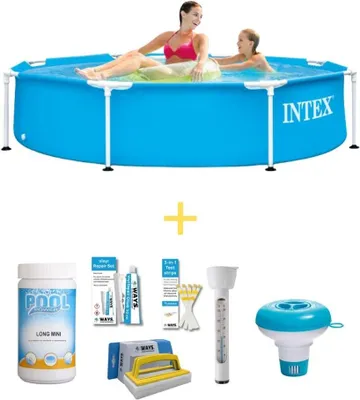 A collage of an Intex metal frame pool with two people in it, and various pool maintenance accessories.