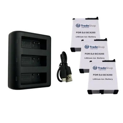Produktbild von Trade-Shop 4in1 Set: 3x Akku 2300mAh + USB-C LCD Dreifach-Ladegerät kompatibel mit DJI Osmo Action 3 / 4 / 5, BCX202, BCX204 / Action-Kamera Zubehör