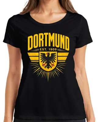 Immagine prodotto di Maglietta da donna, nera, taglia 3XL, con scritta "Dortmund Est 1909 Adler Wappen Ruhrpott Heimat Statement" (che potrebbe essere interpretata come "Dortmund Est 1909, aquila, stemma, Ruhrpott, dichiarazione di appartenenza")