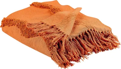 Produktbild von BELIANI Kuscheldecke Orange Baumwolle 125 x 150 cm Geometrisches Muster Modern mit Fransen Handgewebt Schlafzimmer Wohnzimmer Überwurf Wohndecke