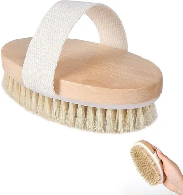 Produktbild von Unyqoos® Körperbürste – Trockenbürste mit Naturborsten & Holzgriff, Peeling- und Massagewirkung, fördert Durchblutung, rund ergonomisch, plastikfreie Verpackung