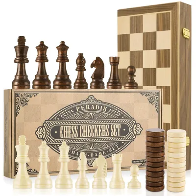 Produktbild von 2 in 1 Schach- und Dame-Spiel aus Walnussholz mit Magnetischen Figuren