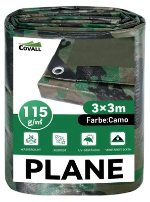 Immagine prodotto di Telo coprioggetto impermeabile, mimetico, 3x3 metri, 115 g/m², resistente allo strappo, resistente ai raggi UV