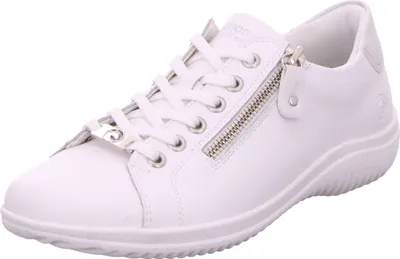 A white low-top sneaker with a zipper detail.