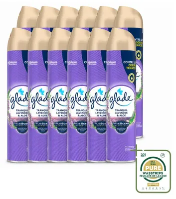 Imagen del producto de 12 aerosoles ambientadores Glade, aroma lavanda y aloe, 300 ml, pack ahorro, 12 unidades