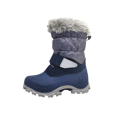 A single blue winter boot for children is shown against a white background.