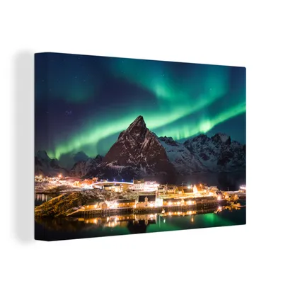 Produktbild von OneMillionCanvasses® - Leinwandbilder - 150x100 cm, Nordlicht über einem Dorf in Norwegen, Wandbilder Kunstdruck Wanddekoration