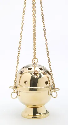 Produktbild von Weihrauchfass mit Kette zum Hängen aus Messing Gold poliert Höhe 15 cm mit Innenschale aus Stahl für die Räucherkohle