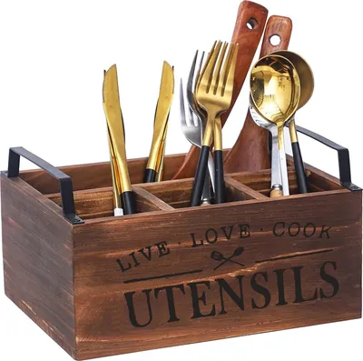 Immagine prodotto di Organizzatore di utensili da cucina grande con 4 scomparti e foro di scarico - Yeelan - porta cucchiai in legno - supporto per piano di lavoro - utensili da cucina - 26,5 x 10 x 16,6 cm
