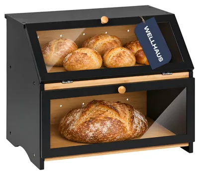 Produktbild von WELLHAUS Brotbox Bambus Brotkasten 2 Etagen 39cm schwarz Fenster