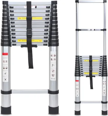 Image de Aopunly Escabeau télescopique 5m jusqu'à 150kg 13 pas aluminium argent Escabeau multi-usages