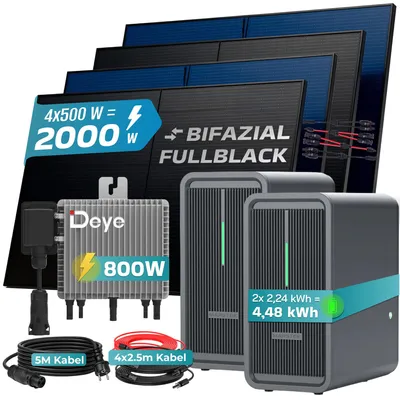 Produktbild von SUNNIVA® 2000W Balkonkraftwerk Deye mit 4,48kWh Speicher MARSTEK B2500-D, 4x500W BIFAZIAL FULLBLACK komplett Steckdose, PV Solaranlage + Solarspeicher