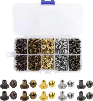 Imagen del producto de 150 juegos de tornillos Chicago de cabeza plana de 8 mm – remaches tipo botón – juego de remaches para cuero – caja de almacenamiento – para trabajos en cuero, cinturones, bolsos – 5 colores.