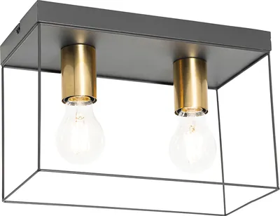 Produktbild von QAZQA - Modern Minimalistische Deckenlampe Schwarz mit Gold I Messing 2-flammig - Kodi I Wohnzimmer I Schlafzimmer - Stahl Rechteckig - LED geeignet E27