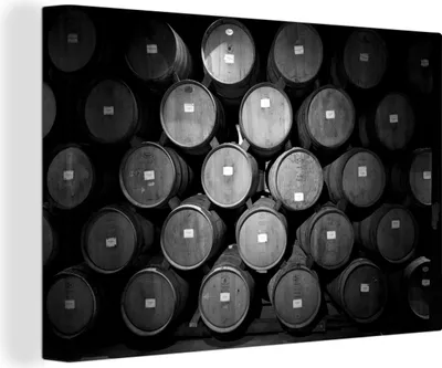Produktbild von OneMillionCanvasses® - Leinwandbilder - 140x90 cm, Weinfässer in einem Weinkeller - schwarz und weiß, Wandbilder Kunstdruck Wanddekoration