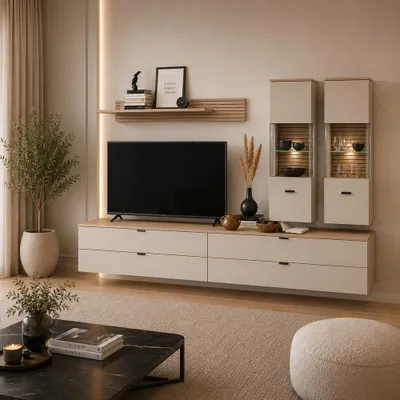 Produktbild von Wohnwand in Beige mit Eiche, inkl. Beleuchtung, 2 Vitrinen & 2 Lowboards & Wandboard, 5-teilig - ISCHIA-36