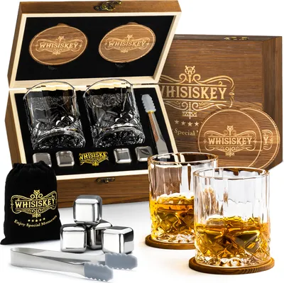 Obrázok produktu pre Whiskey - sada pohárov na whisky - darčeková sada pre mužov - poháre na whisky - darček pre otca - darčeková krabička, poháre, kamene a príslušenstvo
