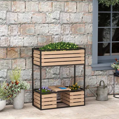 Produktbild von Planzkasten Blumentreppe Hochbeet, weterbeständig, 3 Pflanzkästen, 83 cm x 39 cm x 100 cm, Natur + Schwarz, Braun