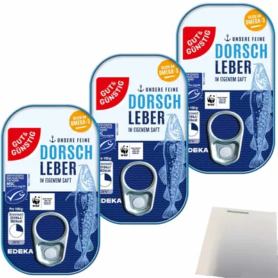 Produktbild von Gut & Günstig Dorschleber reich an Omega-3-Fettsäuren 3er Pack (3x121g Dose) + usy Block