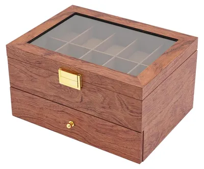 Produktbild von Uhrenbox - Uhren Aufbewahrungsbox - 20 Fächer - 2 Ebenen - Glasdeckel - Samtfütterung - Holzoptik