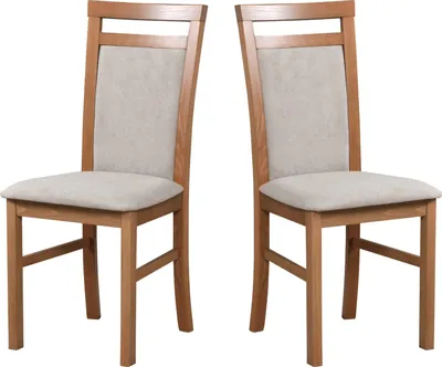 Two wooden dining chairs with beige upholstered seats and backs are shown against a white background.