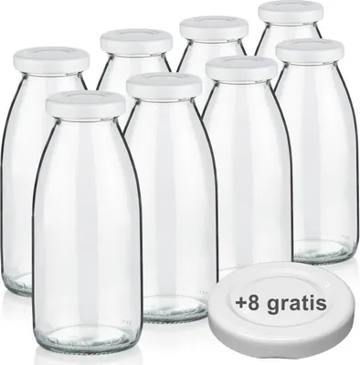 Produktbild von Milchflaschen 0,25L Smoothie Saft Flaschen 250ml leere Glasflaschen Deckel BPA frei, 8 Milchflaschen mit 16 Deckeln