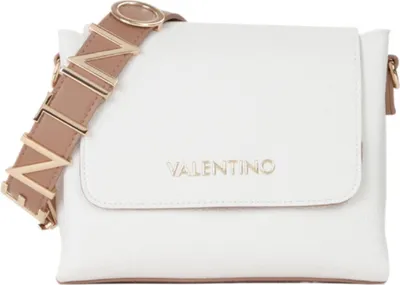 A white Valentino handbag with a tan and gold strap.