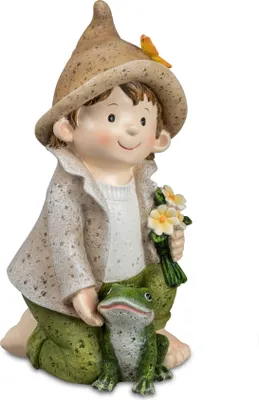 Produktbild von Deko Wichtel Kind Figur Junge mit Frosch Tier Garten Mädchen Skulptur Zwerg