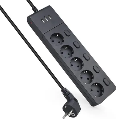 Image de Multiprise avec interrupteur (par prise) - 5x - 3 x USB A - 2 mètres - noir - Allteq