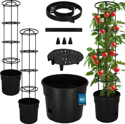 Produktbild von KOTARBAU® 2er Set Tomatenpflanze Pflanzkübel ⌀ 30 cm mit Rankhilfe 115 cm Tomatentopf für Balkon Pflanzenstütze Schwarz