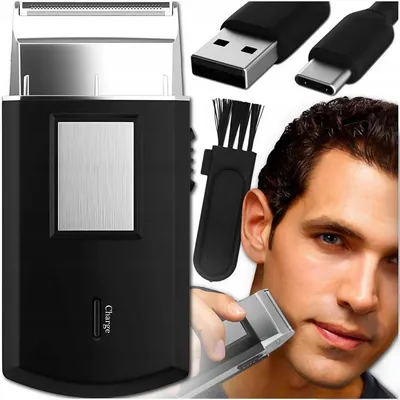 Produktbild von Herren Reise Rasierer Kabellos USB-C Mini Folienrasierer Schwarz Mit Ersatzkopf Reinigungsbuerste Ladekabel 10cm