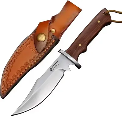 A knife and its sheath are displayed against a white background.