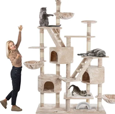 Produktbild von HAPPYPET Kratzbaum deckenhoch 260 cm hoch, Kletterbaum SAM – Großer XXL Katzenbaum Stabil für mehrere Katzen, stabile 8 cm Säulen, mit Zubehör, Beige