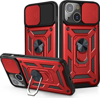 Produktbild von iPhone 13 Hülle mit 360° Drehbarer Magnetische Ring Ständer Halter Dia Kameraschutz TPU Bumper Silikon Schutzhülle für iPhone 13 Rot