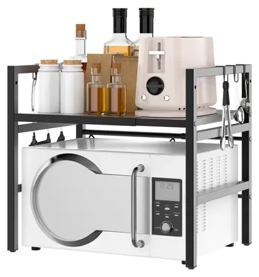 Immagine prodotto di Ripiano regolabile per microonde - Scaffale da cucina a 2 livelli - Estensibile, con 6 ganci, in acciaio inossidabile, capacità di carico 25 kg, adatto per forno e macchina da caffè